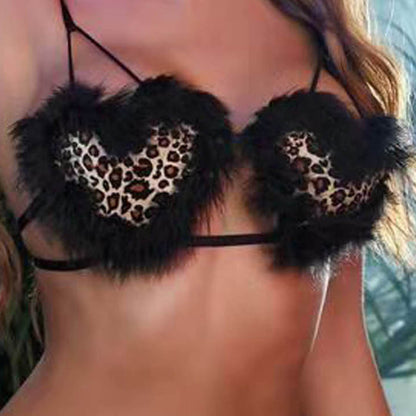 European And American Women's Three-point Leopard Print Underwear With Fur Suit