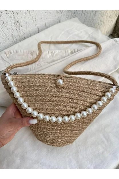 Jute Fabric Pearl Design Classic Shoulder Bag