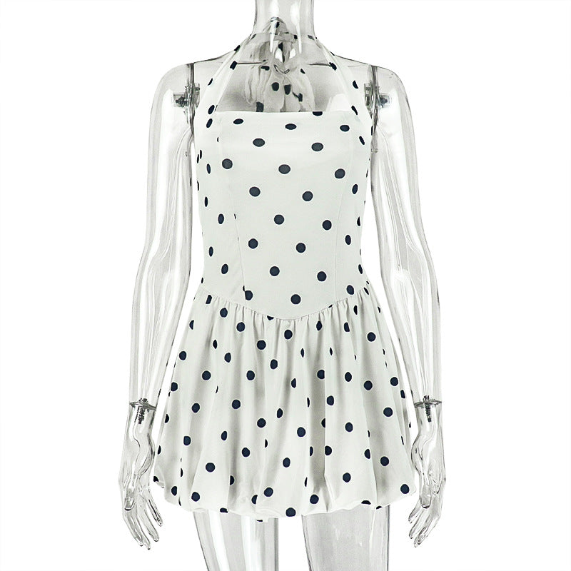 Black And White Print Polka Dot Waist Cinching Ruched Halterneck Sleeveless Mini Dress