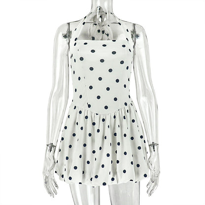 Black And White Print Polka Dot Waist Cinching Ruched Halterneck Sleeveless Mini Dress