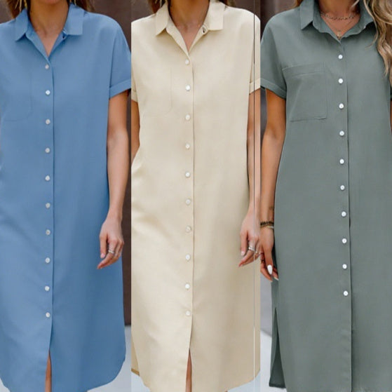 Mid-length Button-up Shirt Dress With A Lapel Collar
