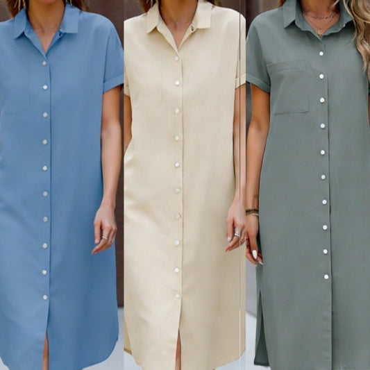 Mid-length Button-up Shirt Dress With A Lapel Collar