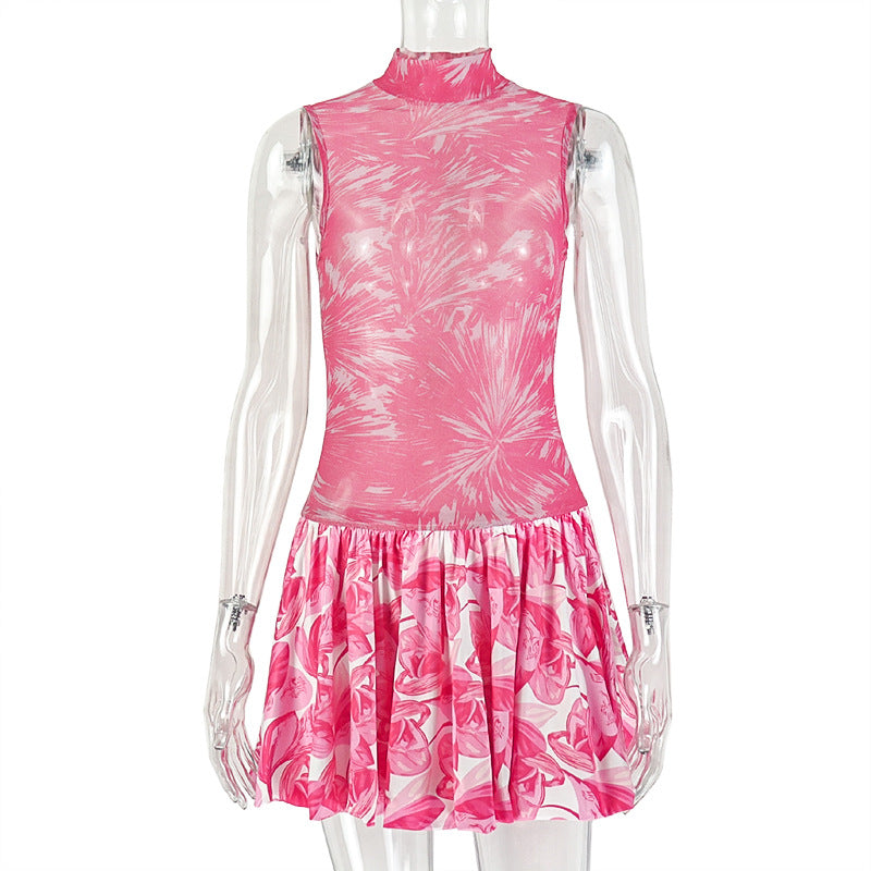 Womens Fashion Color-Block Printed Zip-Up Turtleneck Mini Dress