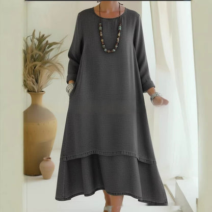 Elegant Double-layered Hemline Faux Denim Maxi Skirt
