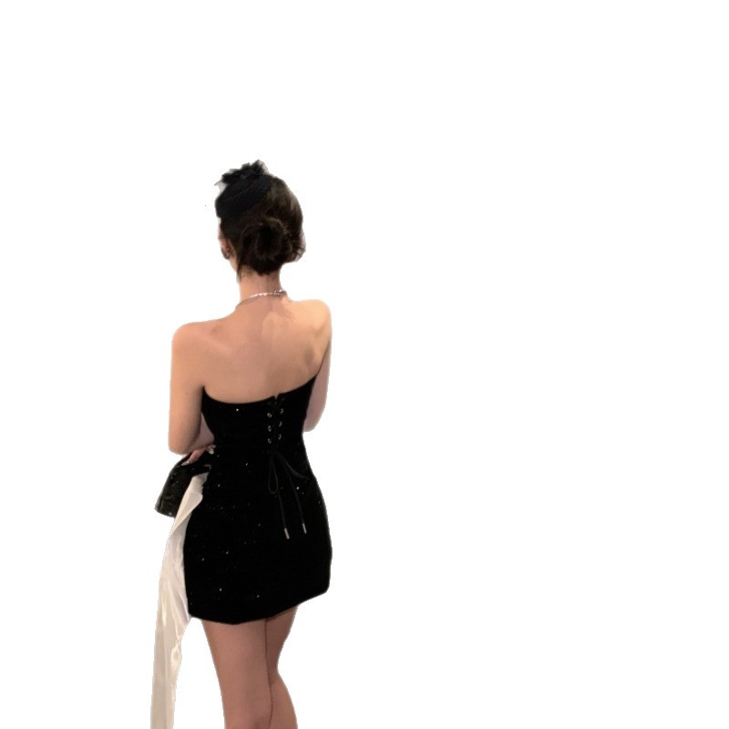 Light-luxury Niche Waist-cinching Contrast-color Sequin Dress