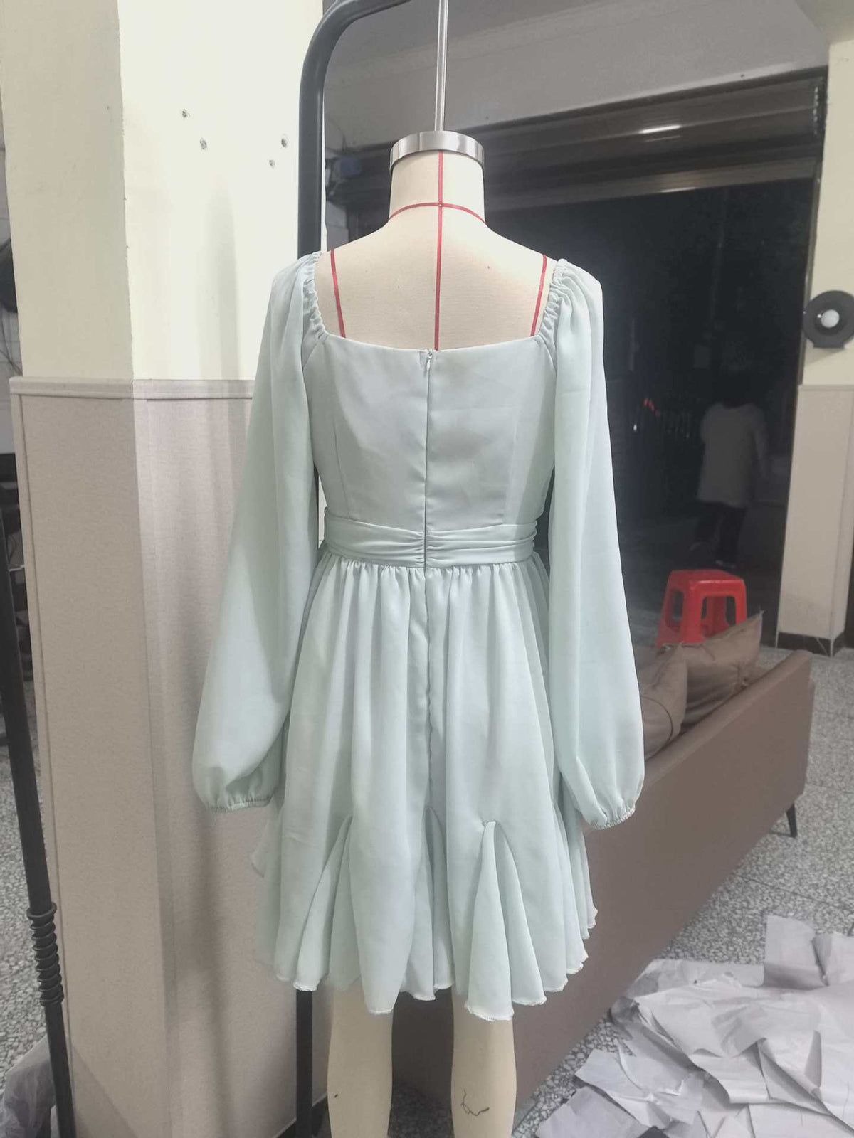 Mesh Long Sleeved Pleated Chest Wrapped Dress