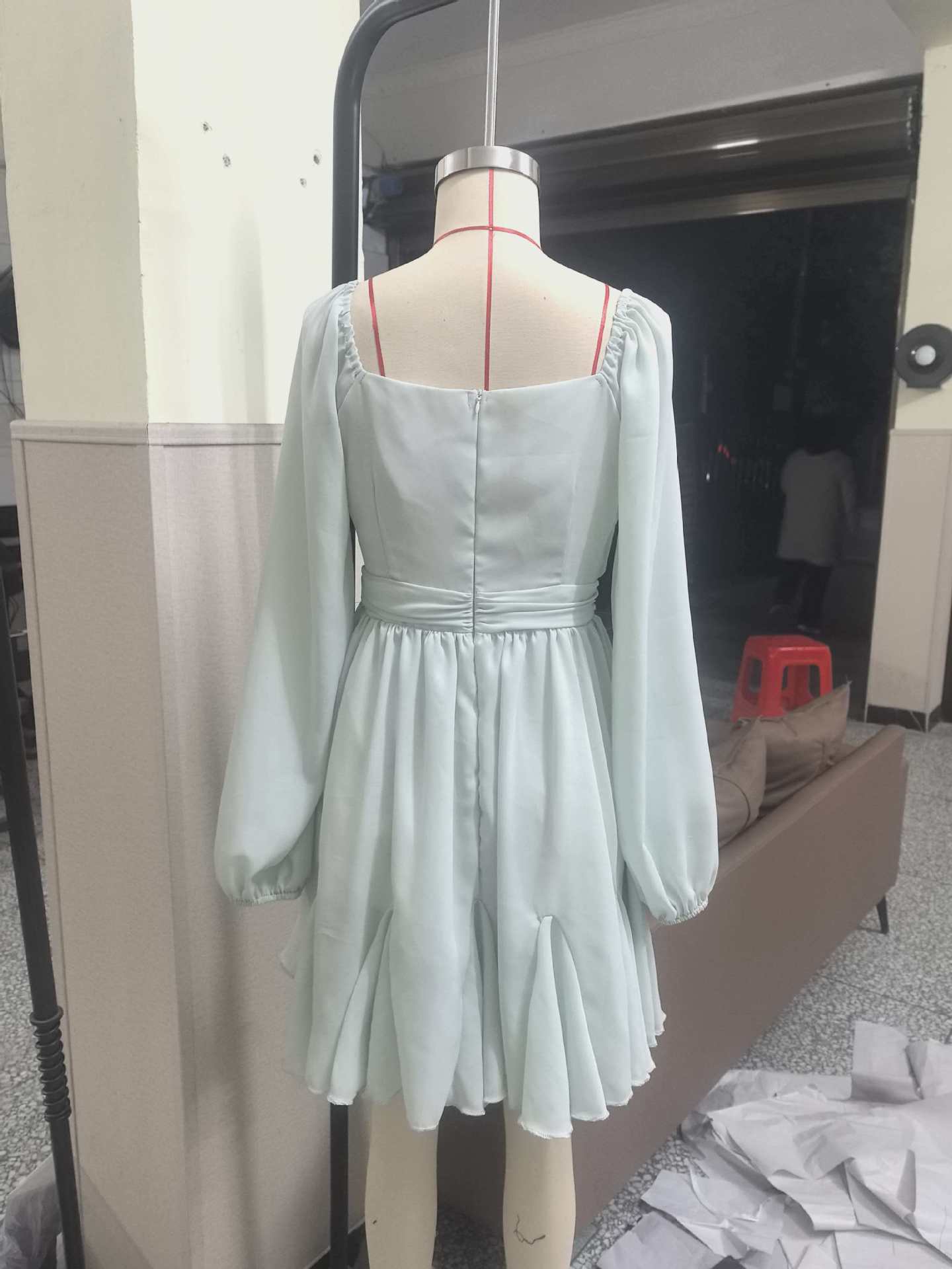 Mesh Long Sleeved Pleated Chest Wrapped Dress