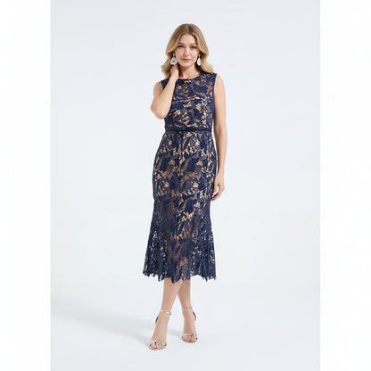Lace Hollowed Out Sleeveless Waist Cinched Fish Tail Dress