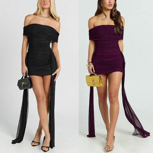 Off-the-shoulder Pleated Flowing Ribbon-fit Mini Dress