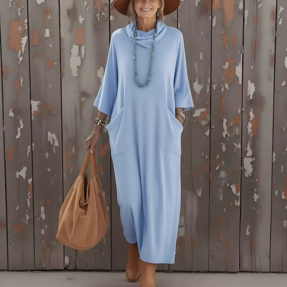 Womens Loose Knitted Dress With High Neck And Pockets