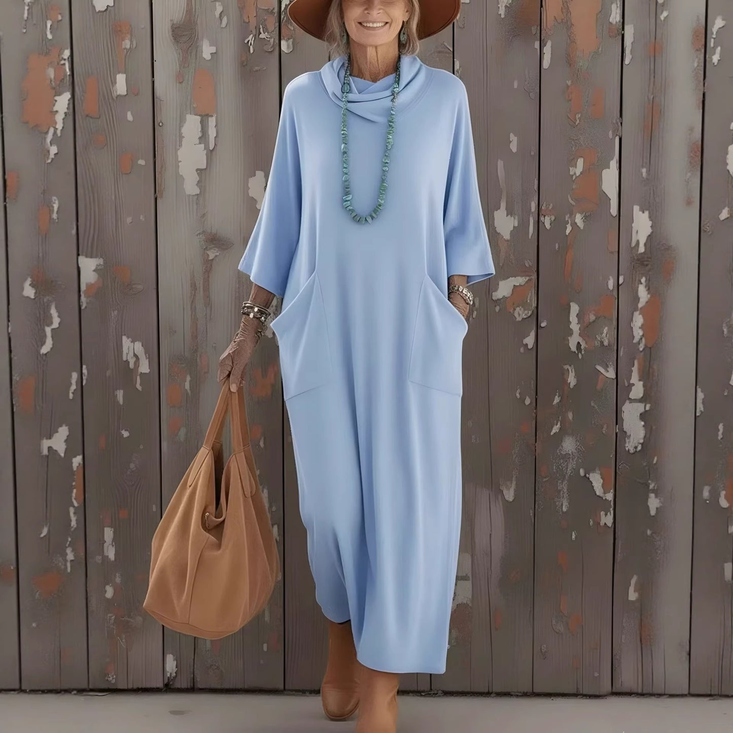 Womens Loose Knitted Dress With High Neck And Pockets