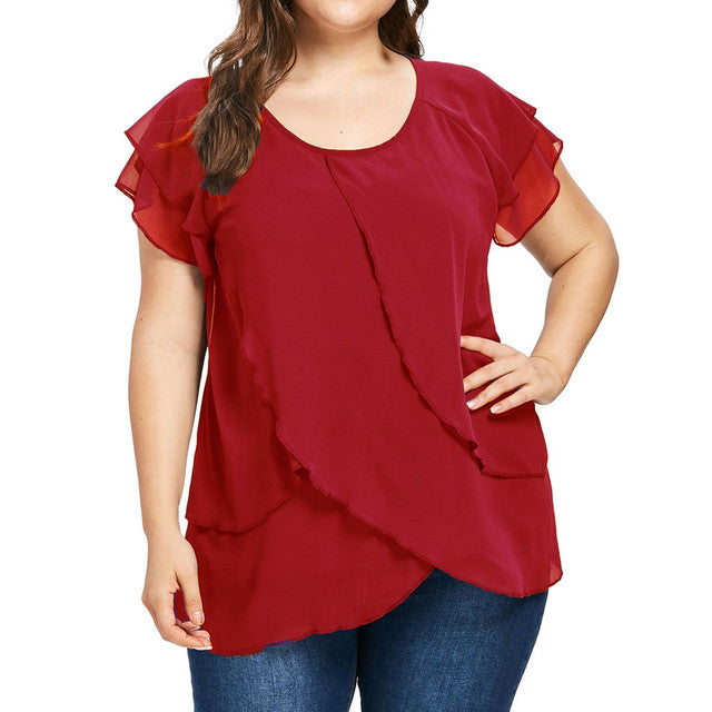 Women's Solid Color Chiffon Round Neck Multi-layer Stitching Short-sleeved Split Top