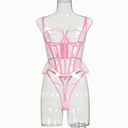 Shaping Sling Wave Mesh Edge Joint Fishbone See-through Sexy Underwear Two-piece