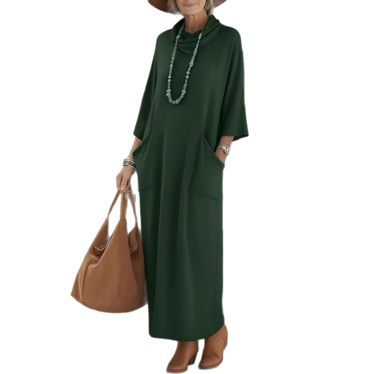 Womens Loose Knitted Dress With High Neck And Pockets