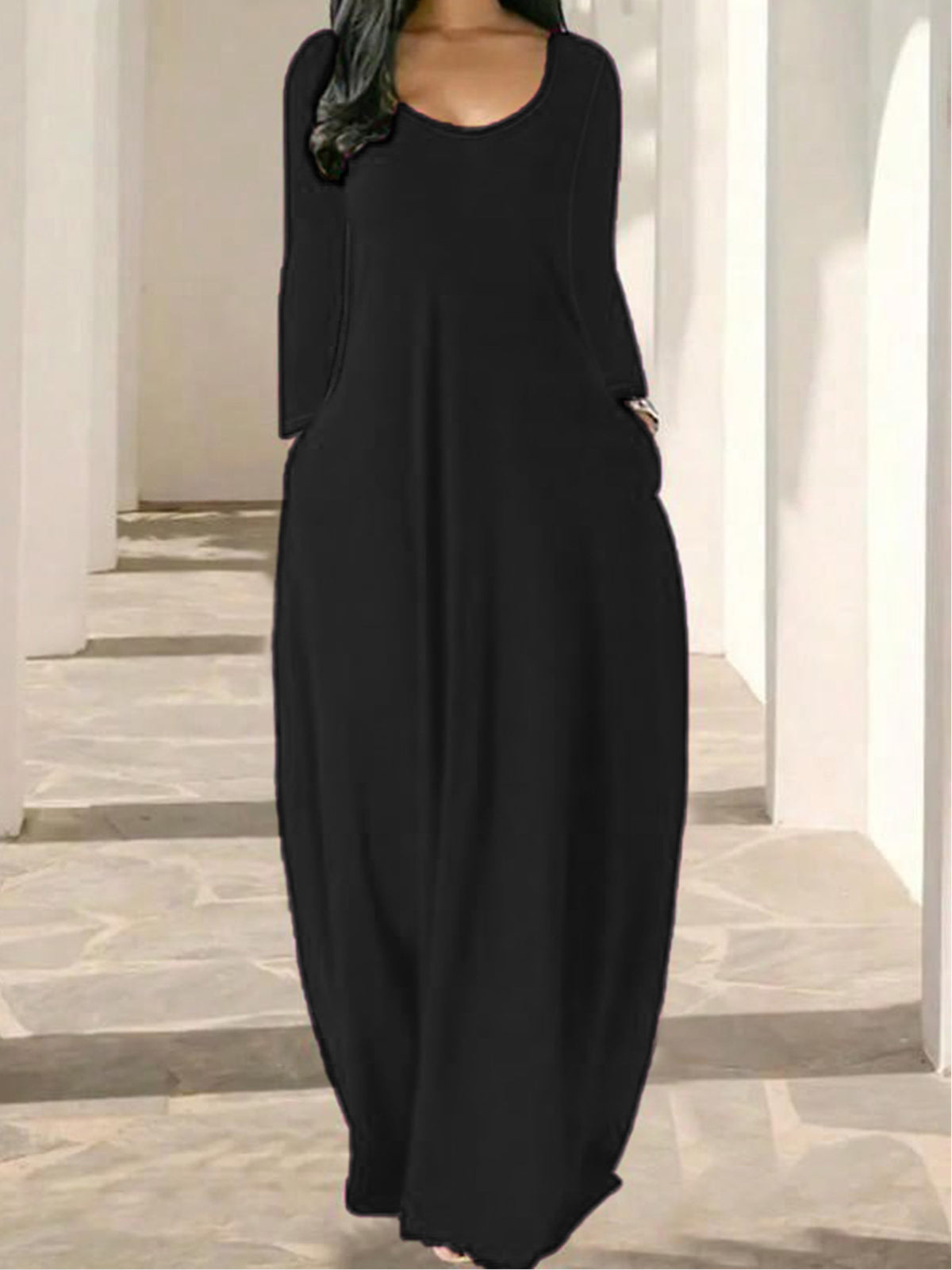Womens Solid-Color Crew-Neck Long-Sleeve Dress With Pockets