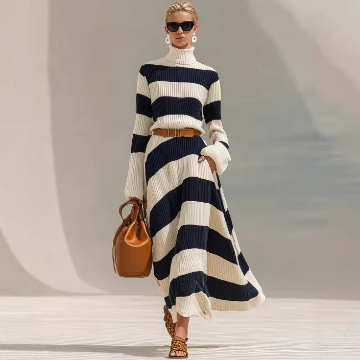 Navy And White Contrast-striped Long-sleeve Dress