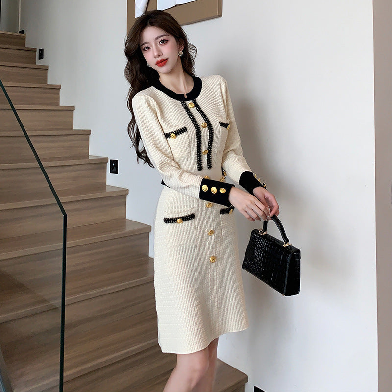 Womens Casual Crew-Neck Knitted Dress With Buttons