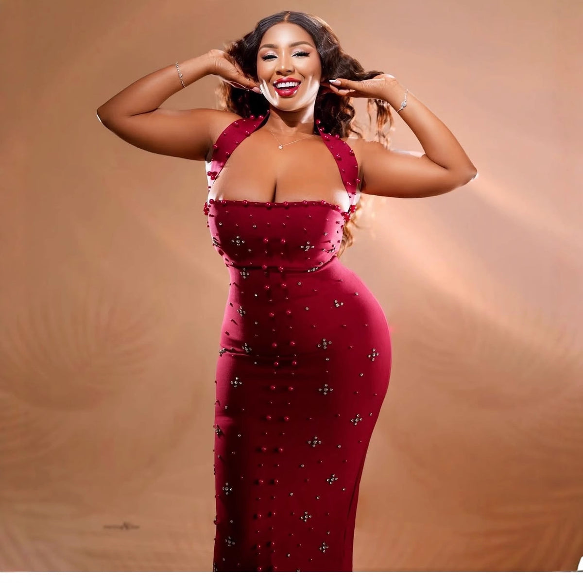 New Elegant Off-the-shoulder Halterneck Dress With Rhinestone Detailing