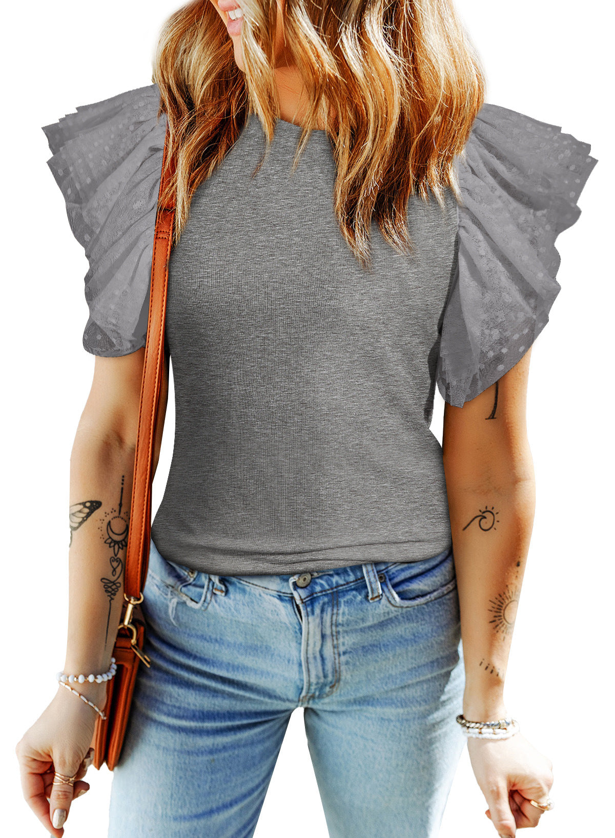 Women's Ruffle Sleeve Pullover Solid Color Short Sleeve Simple Top