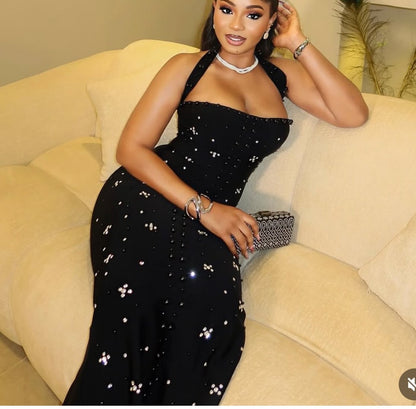 New Elegant Off-the-shoulder Halterneck Dress With Rhinestone Detailing