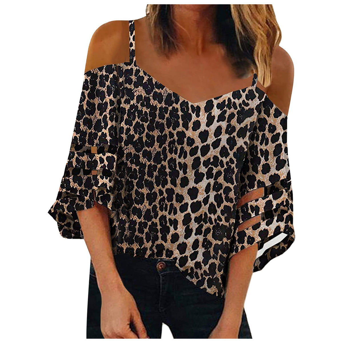 Flared Sleeve V-neck Printed Off Shoulder Sling Top