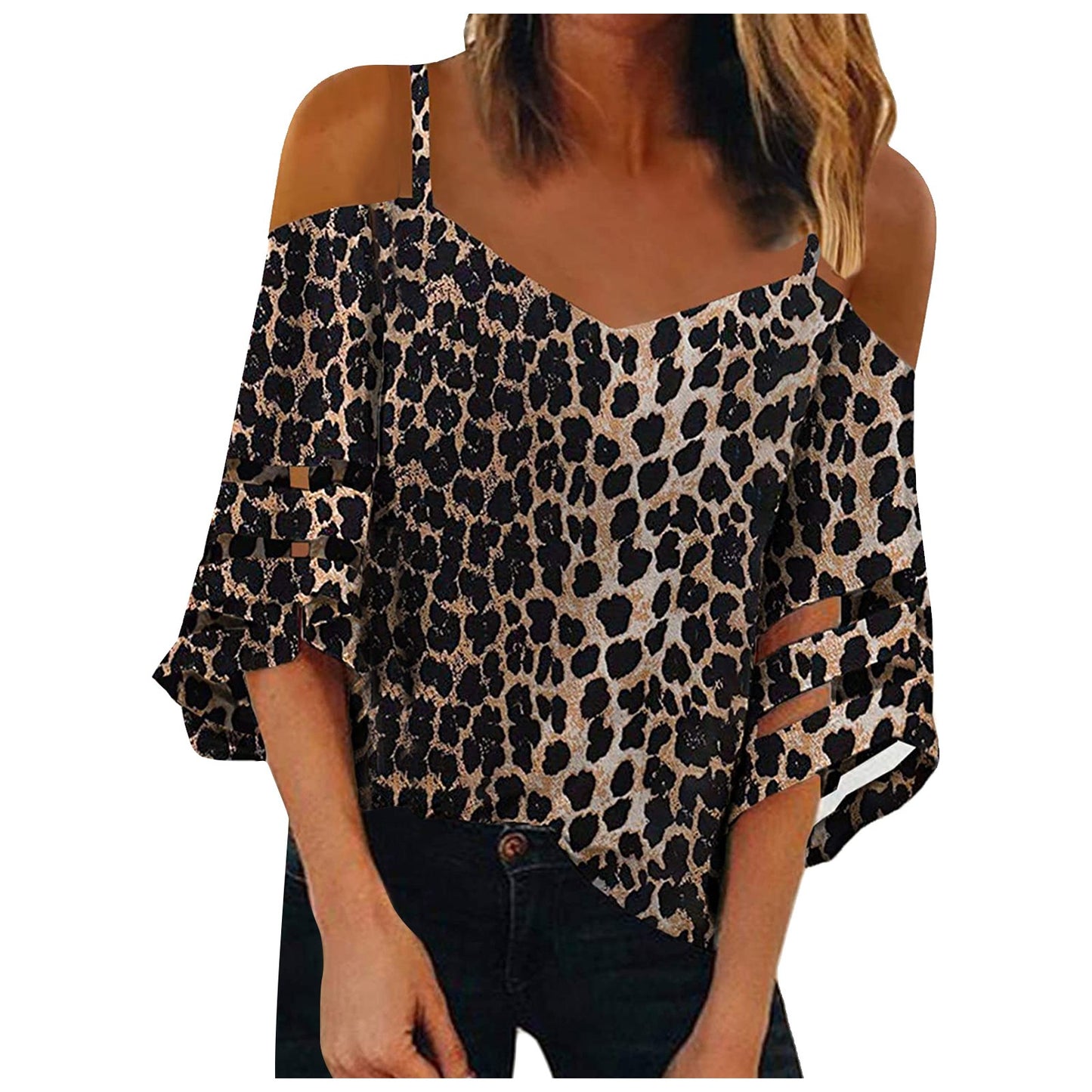 Flared Sleeve V-neck Printed Off Shoulder Sling Top