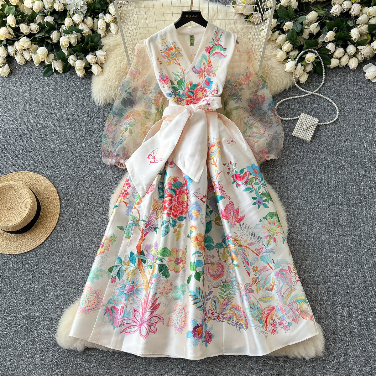 V Neck Tie Waist Mesh Fabric Lantern Sleeves Flattering Long Dress