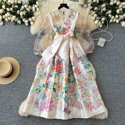 V Neck Tie Waist Mesh Fabric Lantern Sleeves Flattering Long Dress