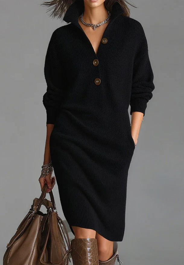 Casual Button Lapel Straight Knit Medium To Long Haired Dress