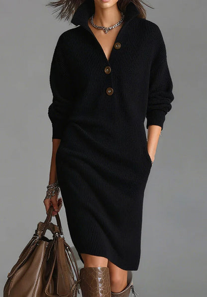 Casual Button Lapel Straight Knit Medium To Long Haired Dress