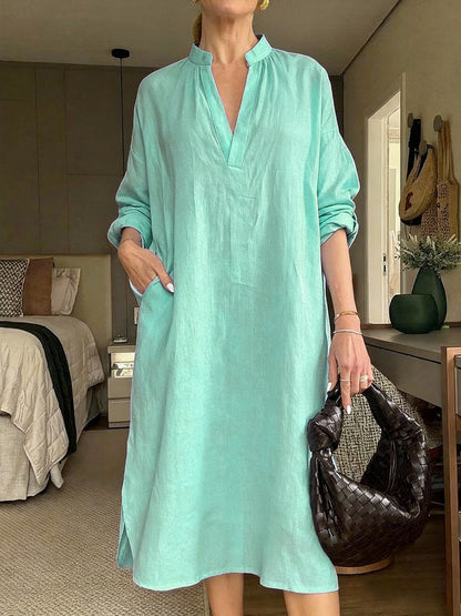 Womens Retro Cotton-Linen Long-Sleeve V-Neck Pocket Dress