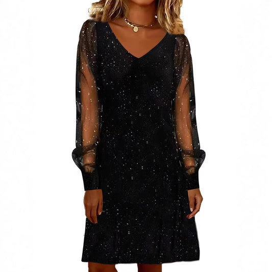 Womens V-neck Mesh Sleeve Sparkly Party Dress