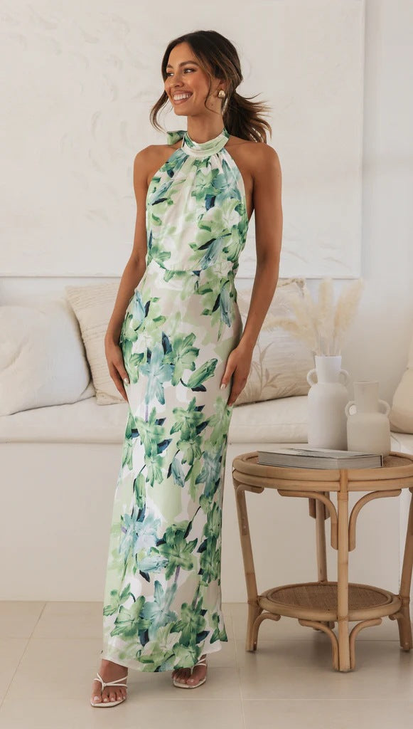 Flower Digital Print Sweet Hanging Neck Mid Length Dress