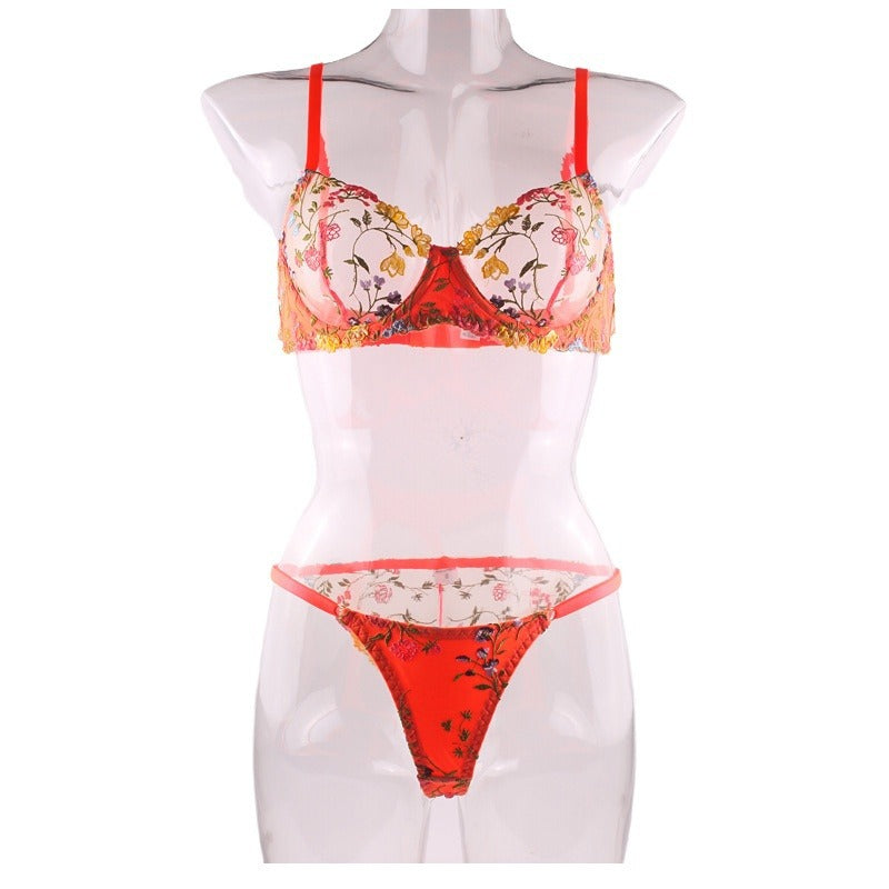 Flowers See-through Embroidered Ribbon Steel Ring Underwear Suit