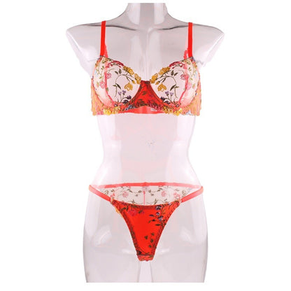 Flowers See-through Embroidered Ribbon Steel Ring Underwear Suit