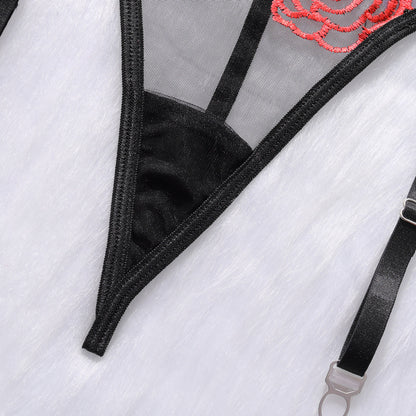 Underwear Rose Embroidery Mesh See-through Garter Three-piece Set