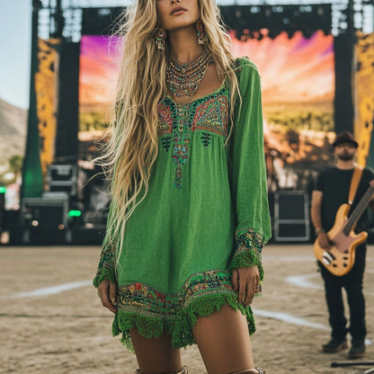 Womens Wave-Patterned V-Neck Button-Front Midi Dress With Long Sleeves For Spring And Autumn