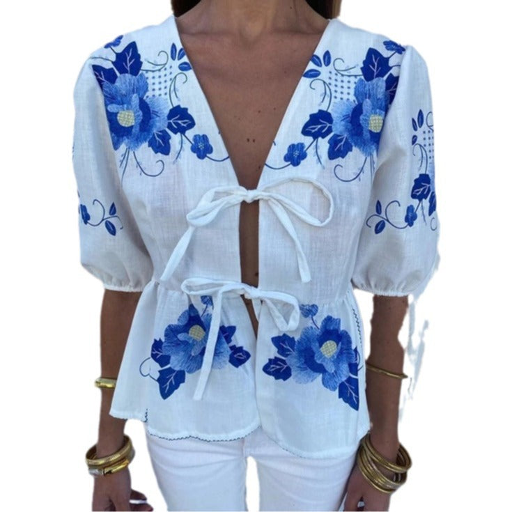 Women's Clothing V-neck Lace-up Printed Short-sleeved Top