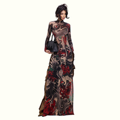 Stylish Half-high-neck Long-sleeve Top With A Bold Animal Print Featuring A High Slit For A Modern Edgy Look