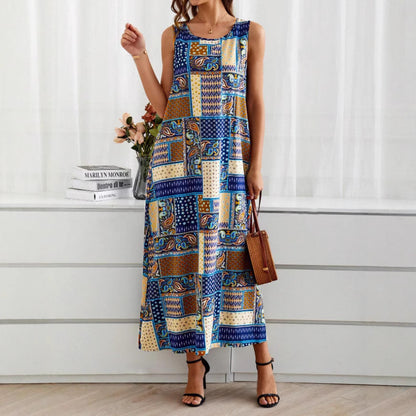 National Style Patchwork Print Dress With A Casual V-neck Design