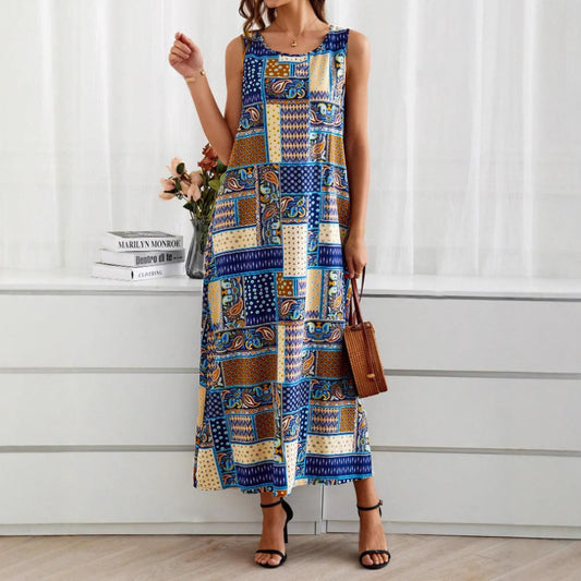 National Style Patchwork Print Dress With A Casual V-neck Design