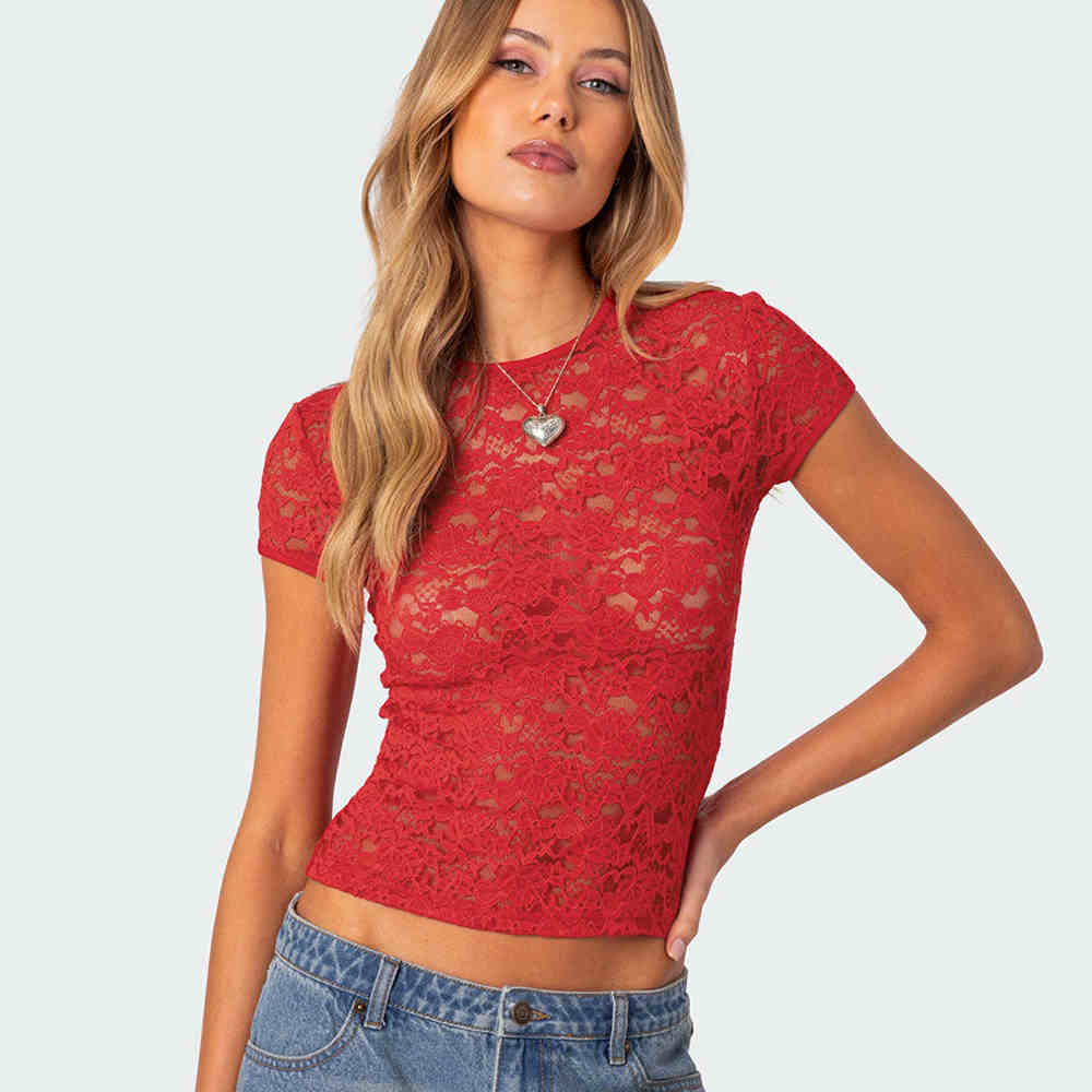 Women's Round Neck Lace Short Sleeve Slim Top
