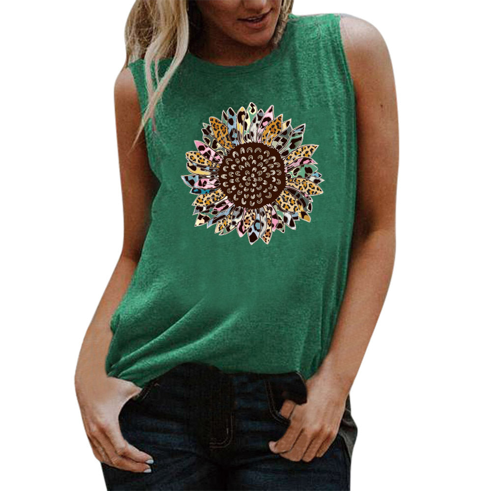 Printed Round Neck Casual Sleeveless T Shirt
