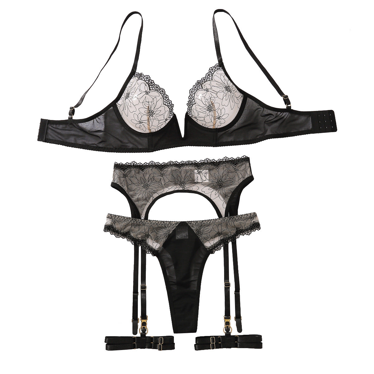 Contrast Color Light Mesh Embroidered Underwear Four-piece Set