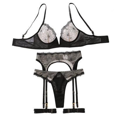 Contrast Color Light Mesh Embroidered Underwear Four-piece Set