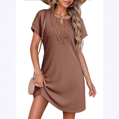 New Pineapple-Print Lace V-Neck Short-Sleeve Casual Blouse Dress For Women