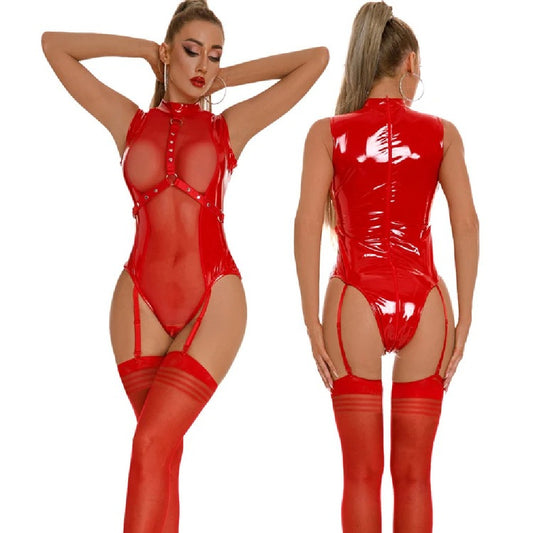 Oily Patent Leather Zipper Armband Binding Open Crotch One-piece Women's Underwear