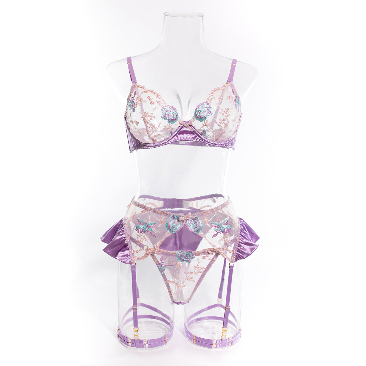 Embroidered Flower See-through Steel Ring Push Up Underwear