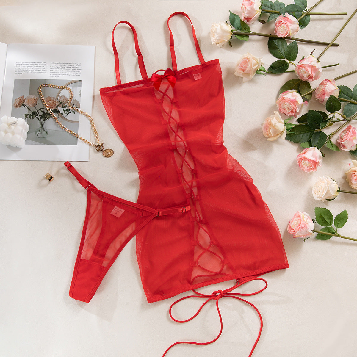Women's Fashion Mesh Bow Suspenders Underwear Suit