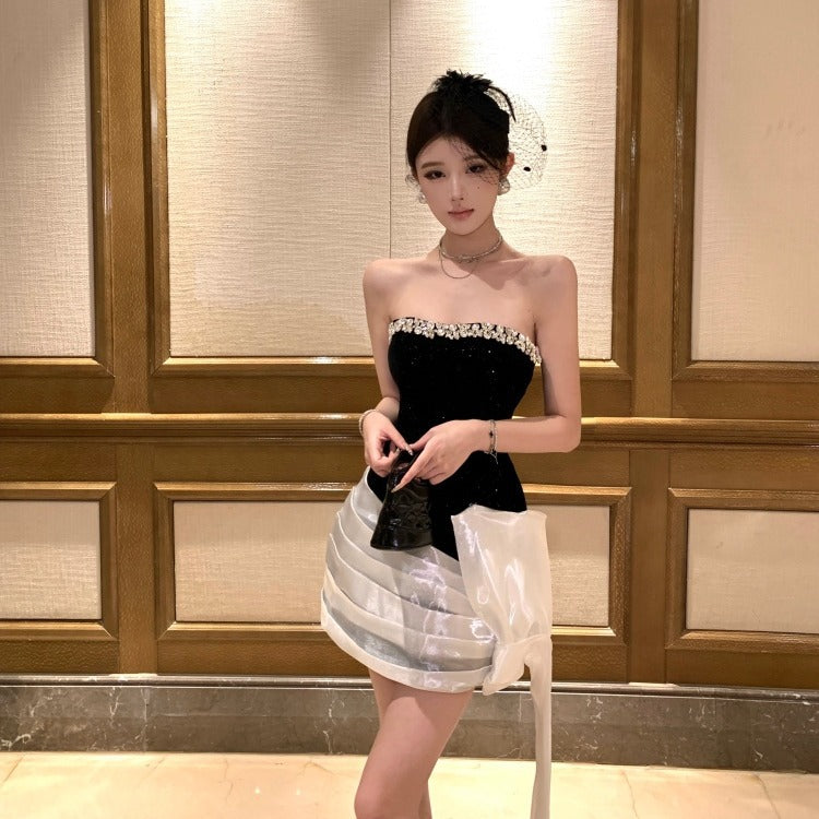Light-luxury Niche Waist-cinching Contrast-color Sequin Dress